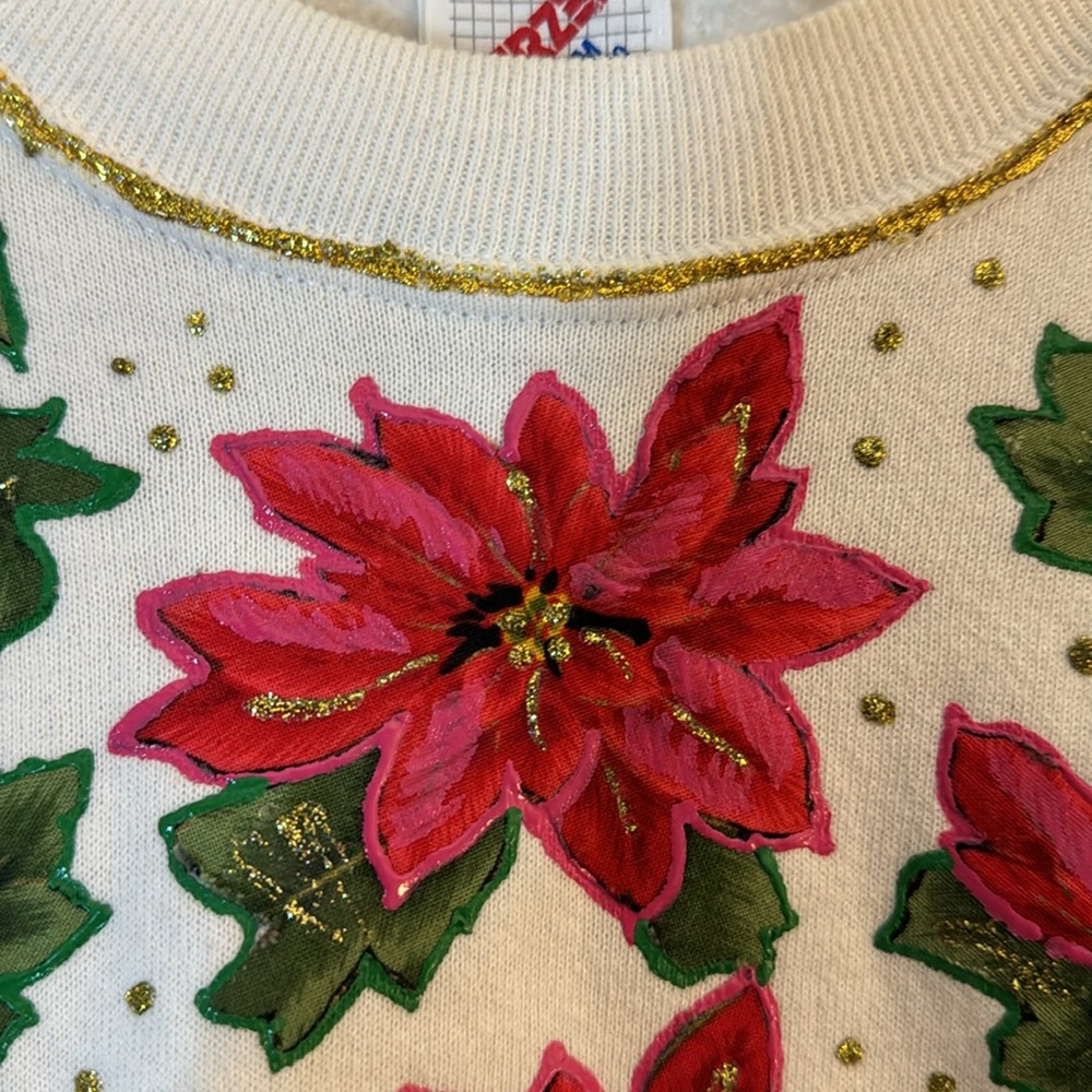 Vintage Poinsettia Christmas Red Green Gold Glitter Crew Sweatshirt M 🎄 - Picture 5 of 14